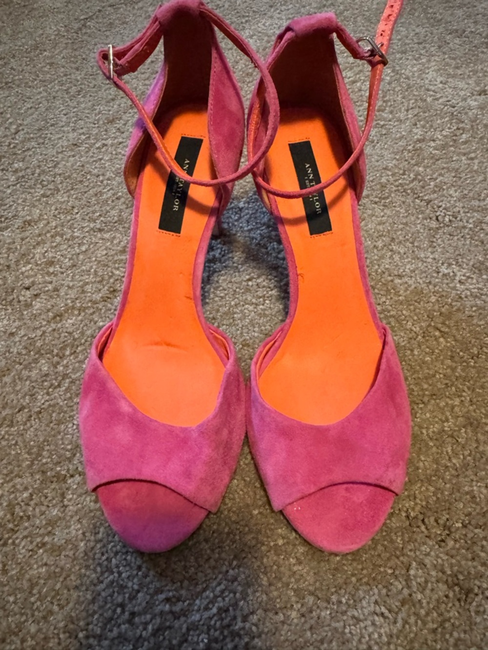 Ann Taylor Hot Pink Suede Peep-Toe Ankle Strap Heels